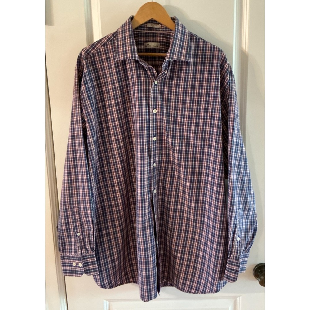 Peter Millar XXL Plaid Button-Down Shirt 100% Cotton Long Sleeve Blue Pink Check